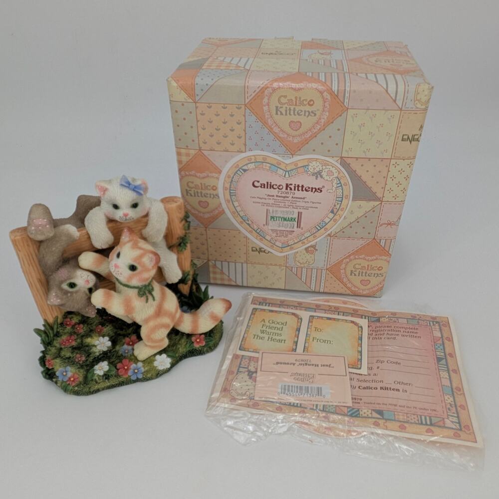 Calico Kittens Figurine Cats Just Hangin' Around Playing on Fence Feline Fun